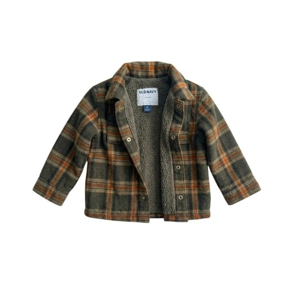Toddler Olive‎ Orange Plaid Sherpa Lined Shacket Jacket 18-24M Cabincore Fall